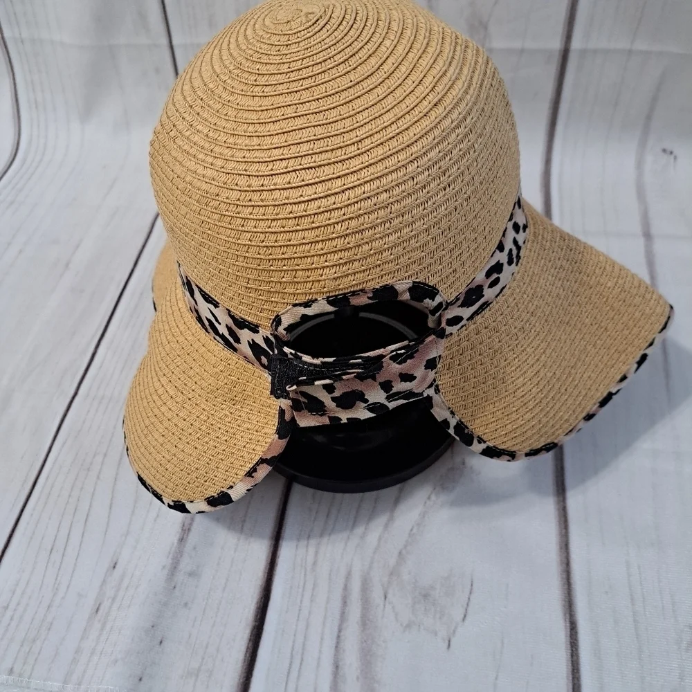 Vince Camuto Packable Tan Wide Brim Hat with Leopard Trim